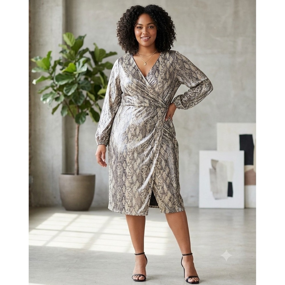 Ava & Viv Snakeskin Sheen Print Faux Wrap Dress Women 2XL Midi Indie Sleaze